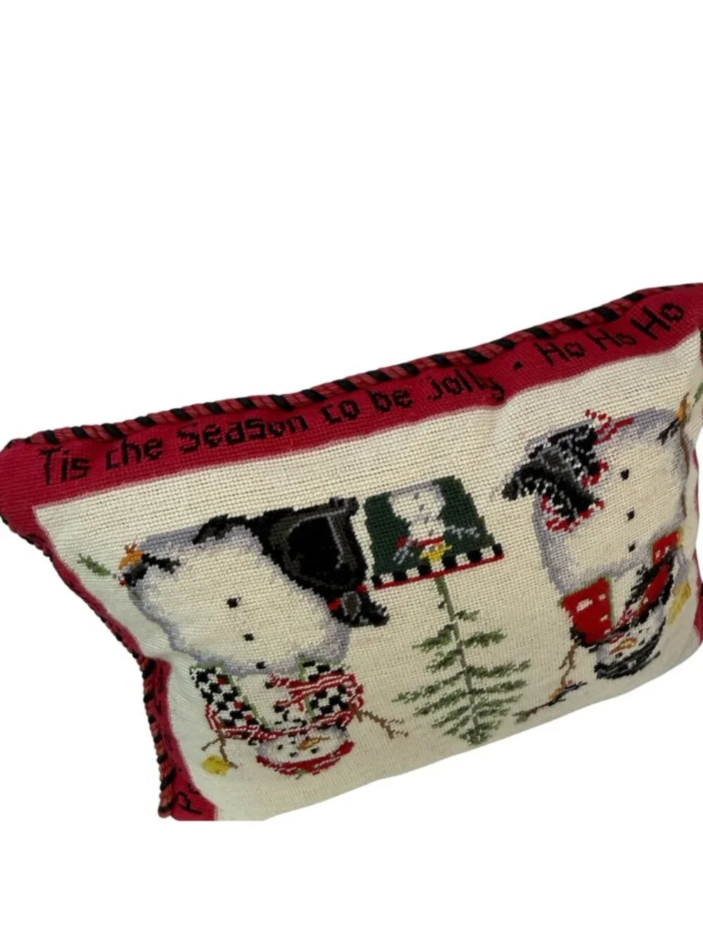 Snowmen Needlepoint Pillow Whimsical Christmas Holiday Decor 15x19 Zip Cover